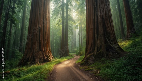 Redwood Forest with towering trees and a trail, highlighting environmental conservation