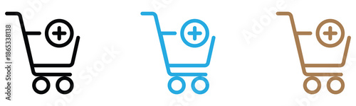 Three colorful shopping cart icons with plus signs for adding items