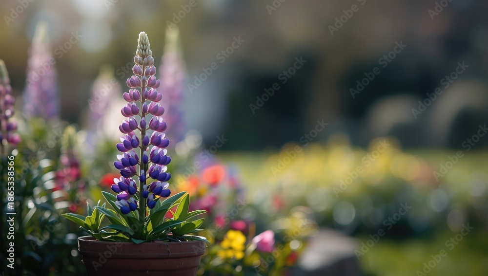 Obraz premium Colorful lupine in a container, highlighting ornamental gardening and plant maintenance