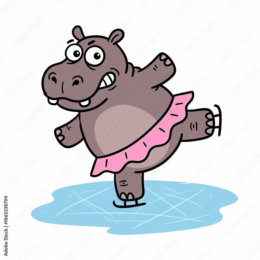 Fototapeta premium Happy hippo ice skating in pink tutu on frozen pond 