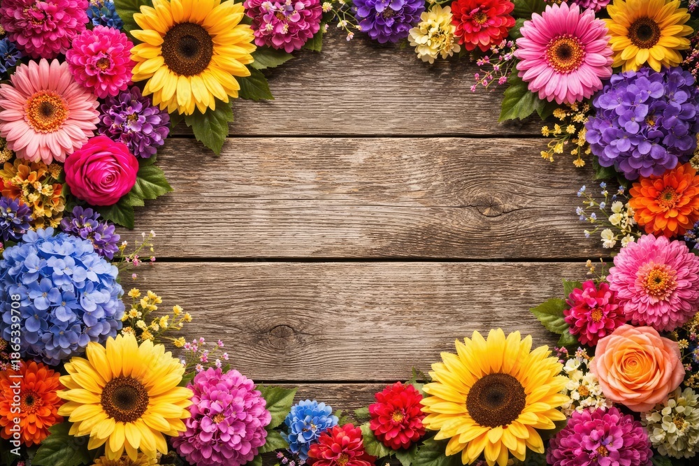 Fototapeta premium Colorful artificial flowers on rustic aged wood background with copy space