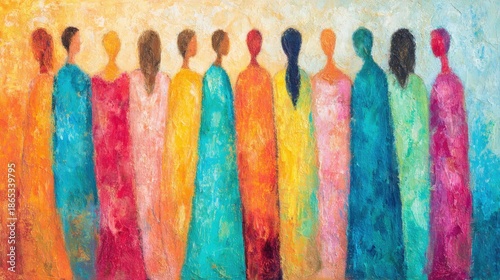 Colorful figures stand together in a group at an art event in a gallery