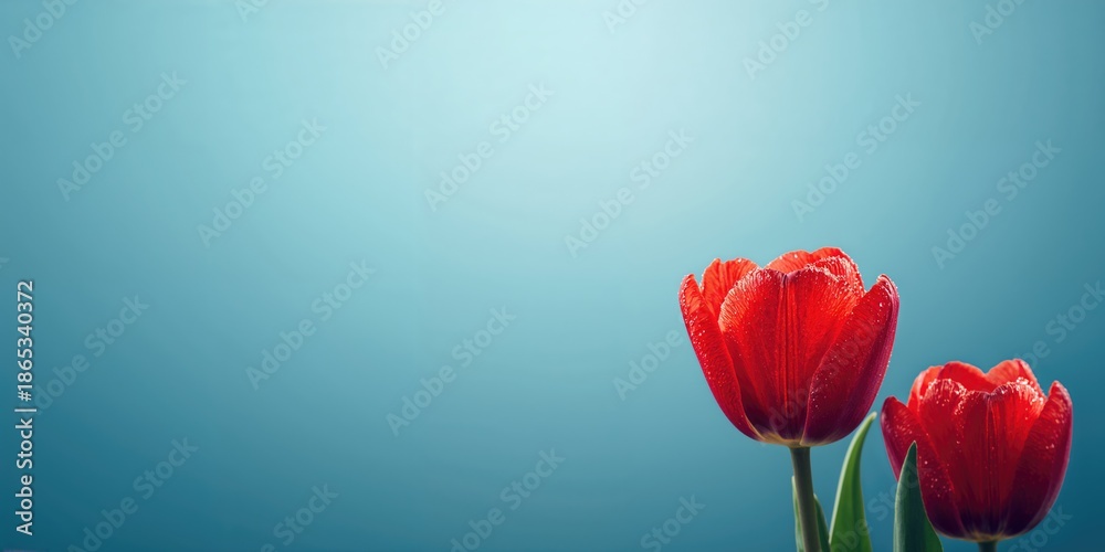 Fototapeta premium Red tulip flowers with dew drops captured in detail against a blue background, ideal for editorial header background, seasonal change