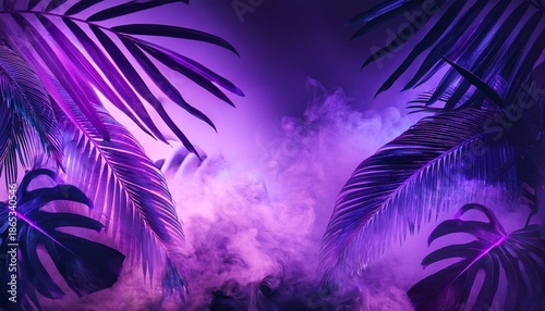 Neon Jungle With Oversized Tropical Leaves In Purple Light Misty Vapor Swirling In The Background