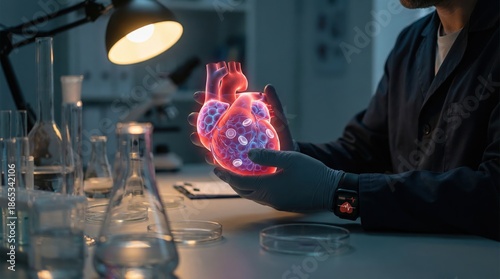 Scientist examining a glowing 3D model of a human heart in a modern laboratory setting with various lab equipment