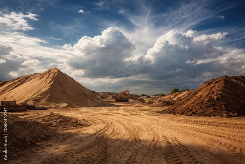 Open construction site with sand dune and earth piles under sky with blue and white cloud formations