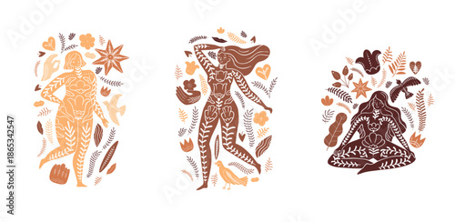 Set of compostitions with curvy women, birds, flowers and florals. Body positive flat illustration with details. Plus size girls silhouette graphic on white background. Branding, print, article art.