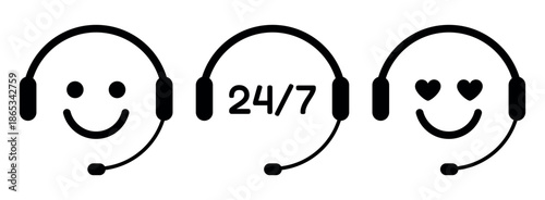 Customer Support Headset Icons Set with Smiley Face Love Emotion and 24 7 Service Symbol Simple Black Chatbot Helpdesk Assistance Concept