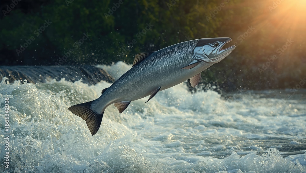 Fototapeta premium King Salmon actively jumping upstream in a natural river setting during spawning season