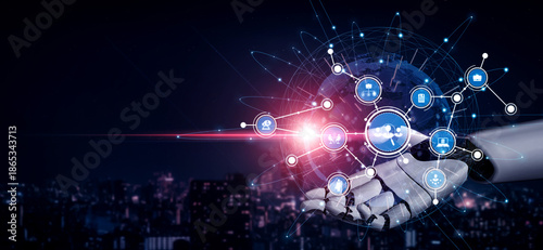 Cuadro en lienzo A robotic hand interacts with a vibrant digital network, showcasing futuristic technology concepts in an urban environment, symbolizing innovation and connectivity