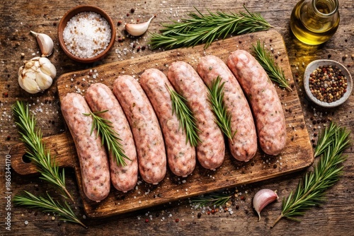 Aerial shot of spiced raw sausages arranged with rosemary on rustic wooden surface representing fresh cooking ingredients