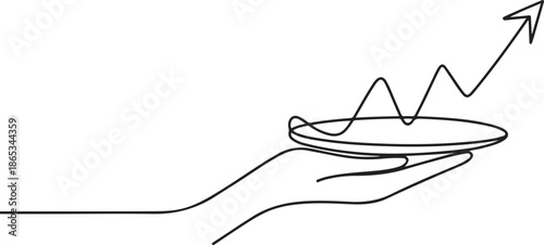 Continuous line vector illustration of hand holding dish with graph going up with an arrow on white background, one line Art icon drawing