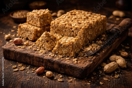 Oriental style calorific sunflower and peanut halva laid out on a rustic chopping slab