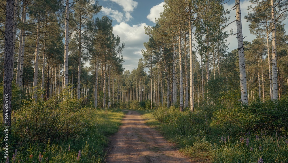 Obraz premium Rekyva woodland featuring pine and birch trees with blueberry bushes under sunny summer sky, nature, seasonal change