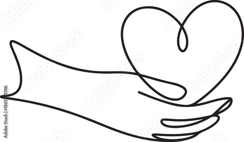continuous line drawing of hand hugging heart, hug. one line Art icon drawing