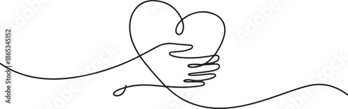 continuous line drawing of hand hugging heart, hug. one line Art icon drawing
