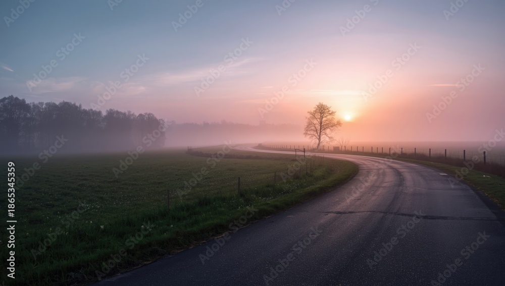 Obraz premium Morning light over a rural road in spring with mist, seasonal change for landscape and nature photography, Earth Day