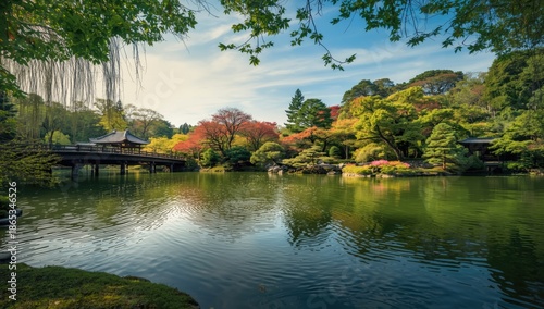 Landscaped garden pond during summer with trees, grass, and forest backdrop, highlighting seasonal travel scenes