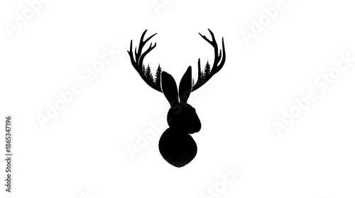 Fantasy antlered rabbit silhouette. Mythical creature with deer antlers and a bunny body, isolated on white background.