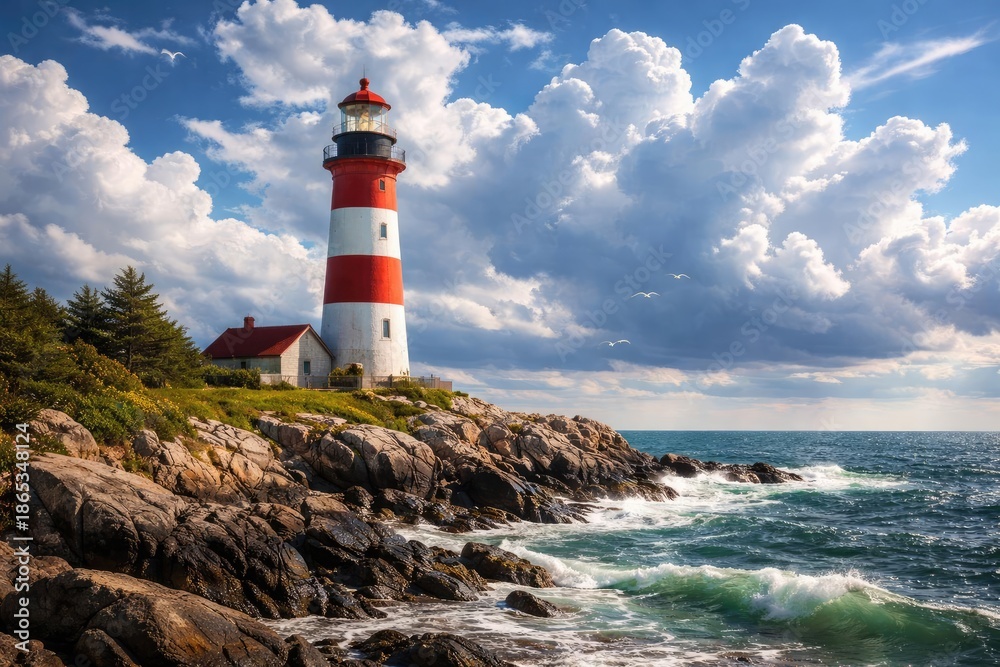 Fototapeta premium Bright daylight coastal scene featuring colorful lighthouse and animated cloudy sky