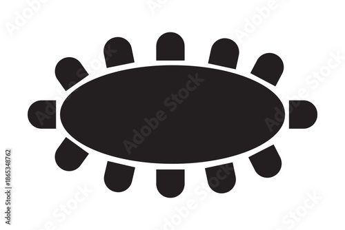 Silhouettes of oval table and chairs around it. Cafe or restaurant seats arrangement plan. Workplase, meeting or business training seatings scheme top view. Vector graphic illustration