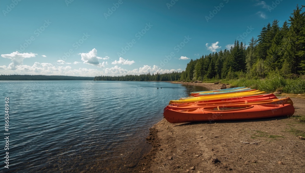 Fototapeta premium Brightly colored canoes on a beach by a freshwater lake, ideal for editorial header backgrounds