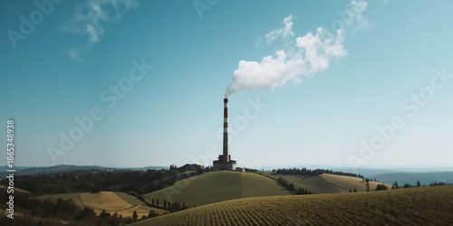 Geothermal energy facility chimney in Tuscany, emphasizing renewable power infrastructure