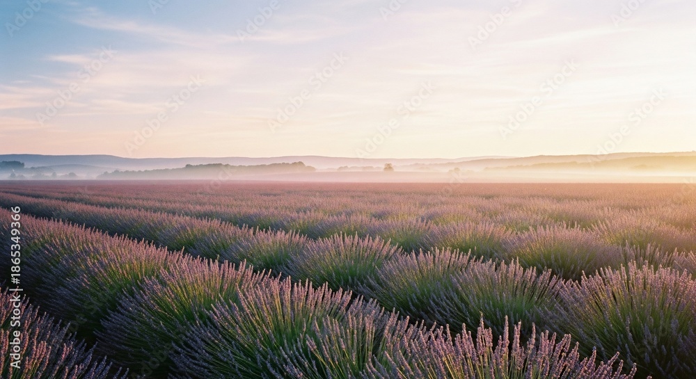Fototapeta premium Lavender Field in Dawn: A breathtaking aerial view captures endless rows of lavender plants in full bloom, illuminated by the soft pastel hues of a morning sunrise.
