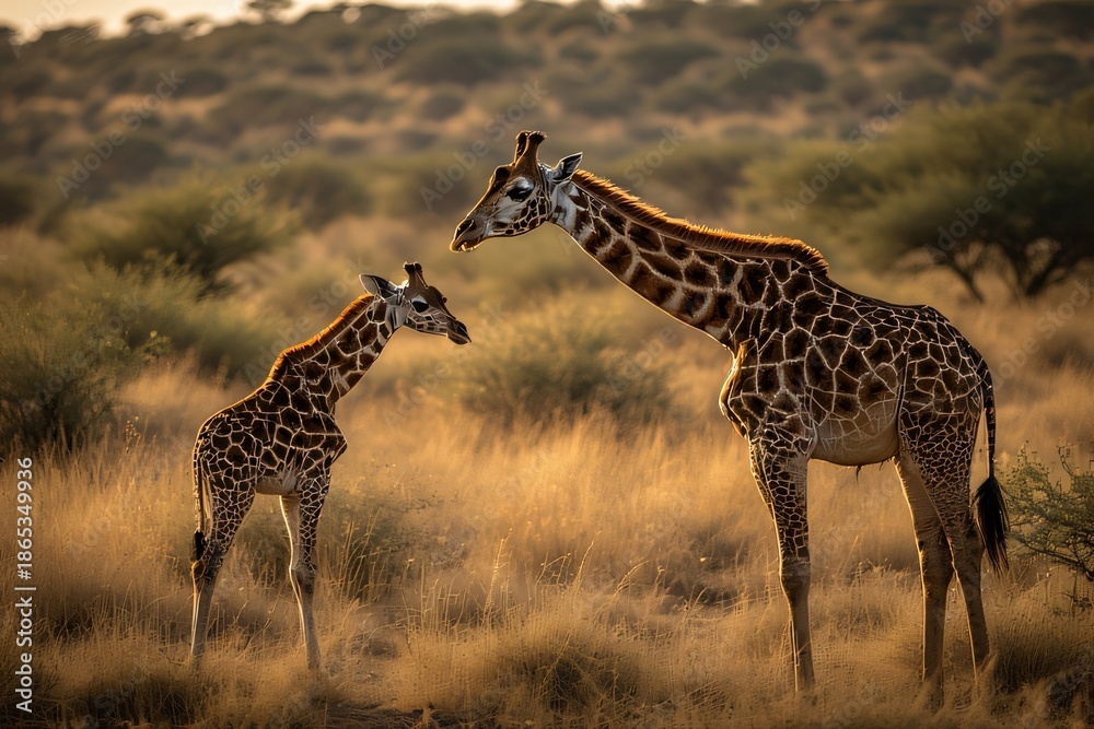 Obraz premium Two giraffes, an adult and a calf, stand in the warm, golden light of a savanna at sunset, with dry grass and acacia trees in the background