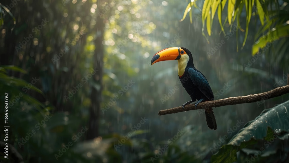Obraz premium Keel-billed Toucan resting on a tree limb in the forest, highlighting seasonal migration patterns