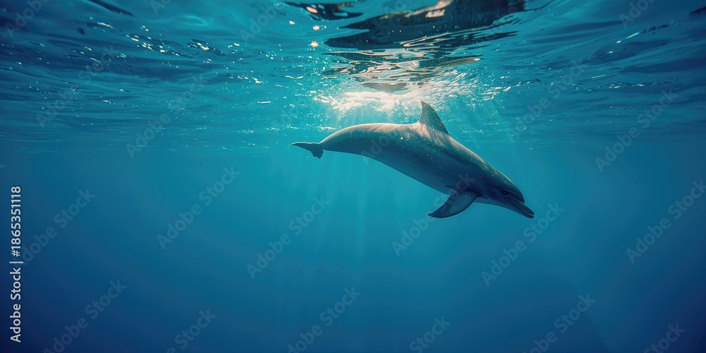Obraz premium Elegant dolphin swimming in pristine ocean, suitable for aquatic life educational backgrounds