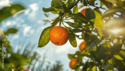 Ripe tangerines hanging fro...