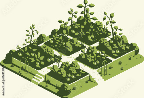 Lush vegetable garden with raised beds filled with vibrant tomatoes, leafy greens, and herbs thriving under the sunshine, surrounded by neatly maintained pathways