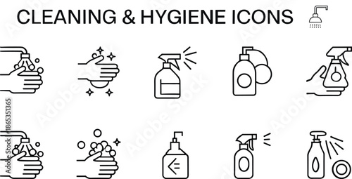 Cleaning, hygiene, icons, vector, illustration, sketch, outline, soap, spray, handwash, sanitizer, shower, bottle, sparkle, disinfect, sanitation, health, care, cleanliness, protection, tools