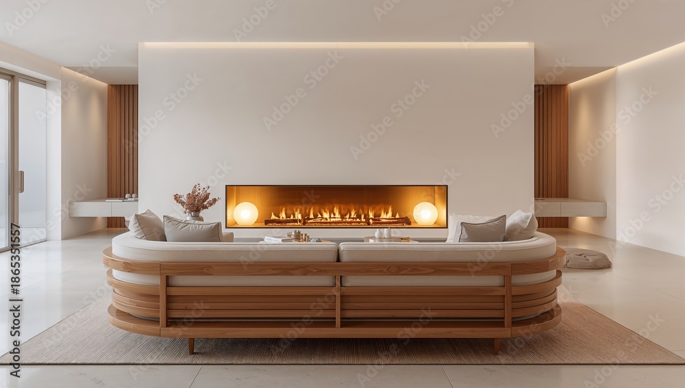 Naklejka premium Bright warm interior of a living room featuring modern wood furnishings, suited for interior layout use