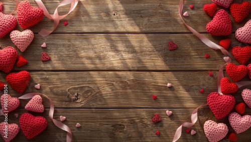 Romantic holiday setting featuring a crochet hearts backdrop for Valentines Day