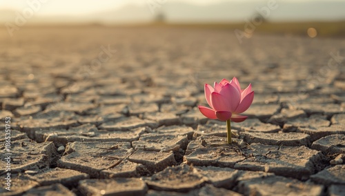Morning scene of a pink lotus flower on parched earth highlighting drought stress and botanical endurance