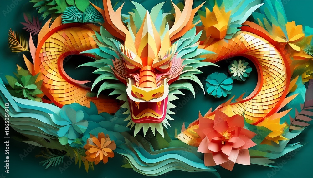 Fototapeta premium vibrant low poly chinese dragon among lush greenery for design and decoration