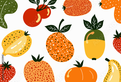 Colorful Assorted Fruits and Vegetables on a Vibrant White Background Showcasing Nature's Artistic Patterns and Fresh Organic Produce
