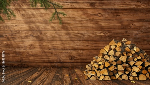 Stacked dry firewood on rus...
