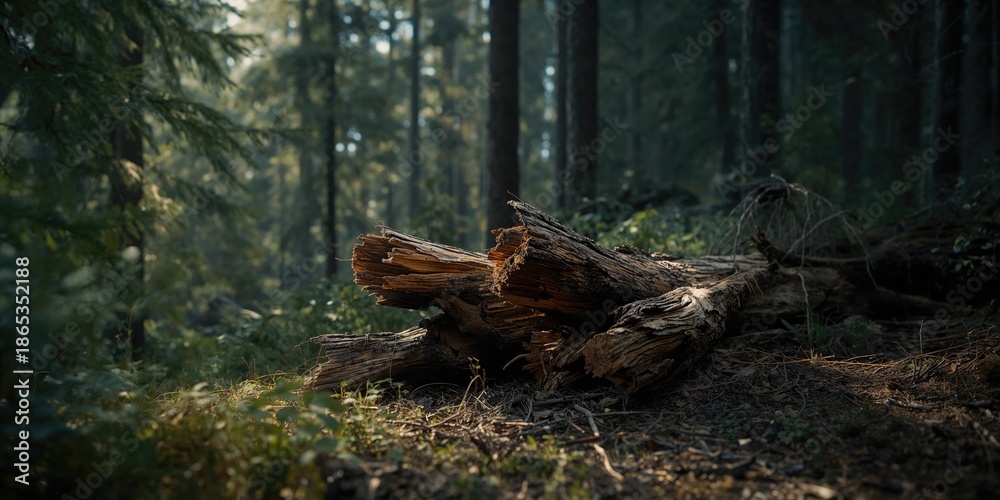 Fototapeta premium Fallen tree trunks caused by bark beetle infestation, forest decline, Earth Day