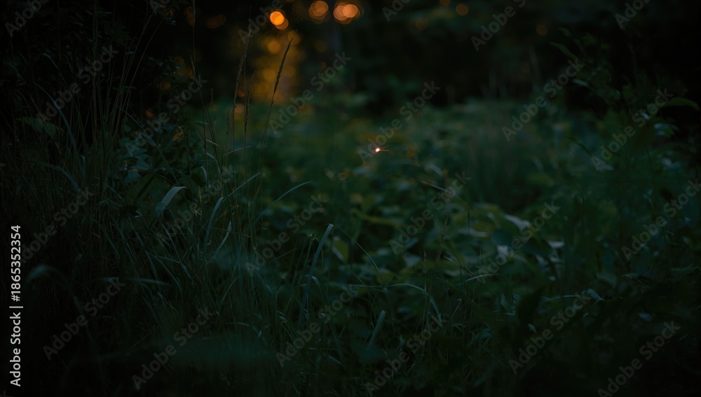 Naklejka premium Firefly activity in dense forest at night in Prachinburi Thailand, emphasizing natural light for ecological studies