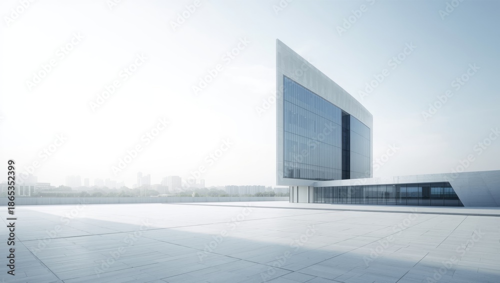Obraz premium Contemporary corporate office structure with reflective glass surfaces serving as a business hub, urban planning focus