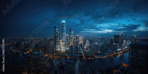 Wallpaper Mural Cityscape of tall office buildings seen from above in a contemporary metropolis at night, urban environment, architecture, skyline, business hub, nighttime illumination Torontodigital.ca