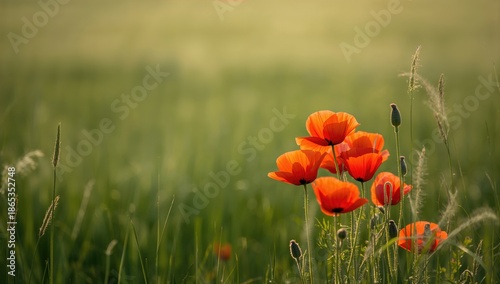 Bright red poppies set agai...