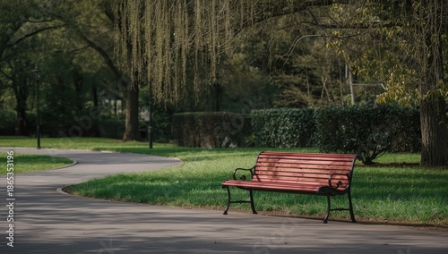 Weathered red park bench si...