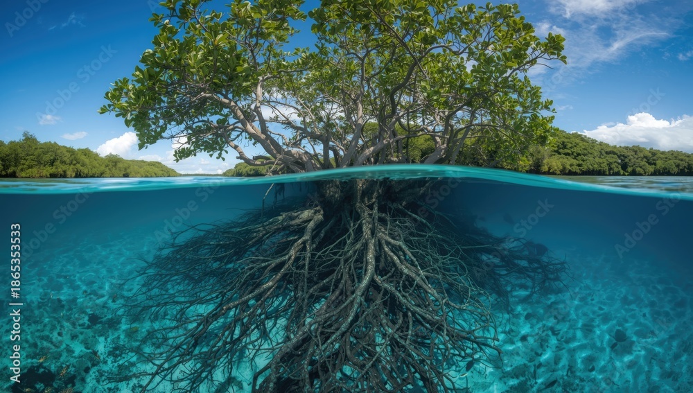 Fototapeta premium Rhizophora mangle mangroves with above and below water roots in Caribbean, emphasizing shoreline preservation, Earth Day