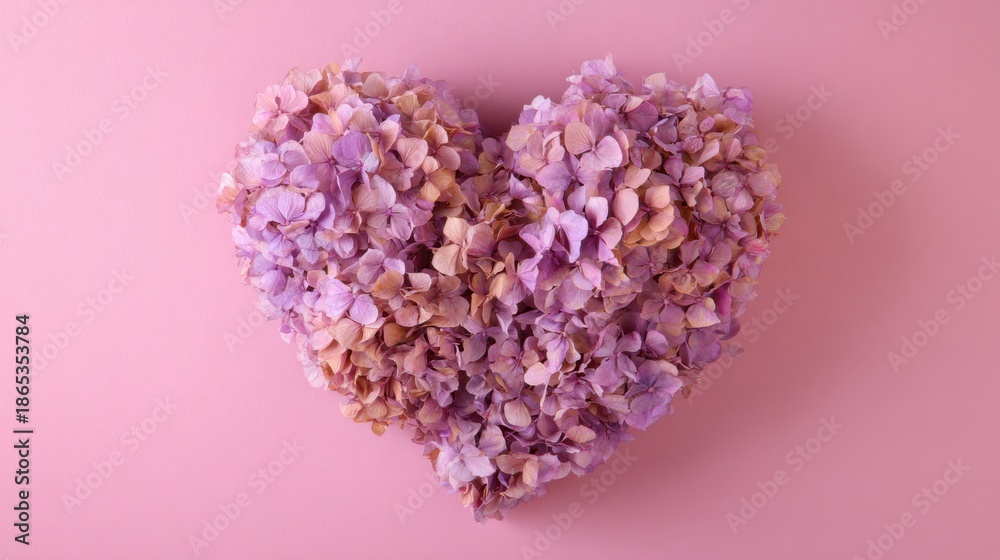 Obraz premium Heart shape made from dried flowers on a pink background for decoration
