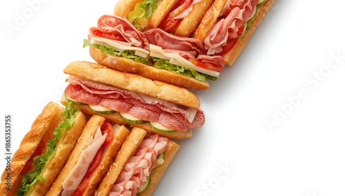 Variety of deli sandwiches featuring salami, ham, and cheese, arranged for serving, Food & Drink, casual dining © vxnaghiyev