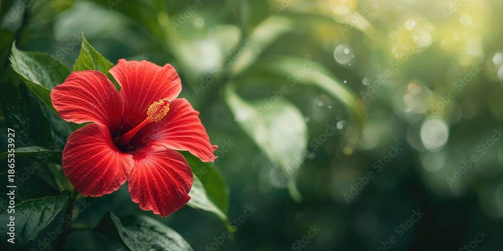 Fototapeta premium Red hibiscus flower on green background used as tropical-themed wallpaper, vibrant botanical patterns